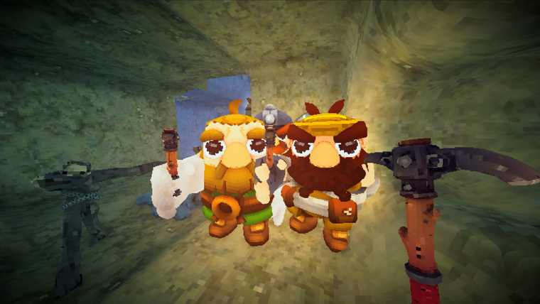 Four dwarves gathered in a cave tunnel, seen over a first-person pickaxe